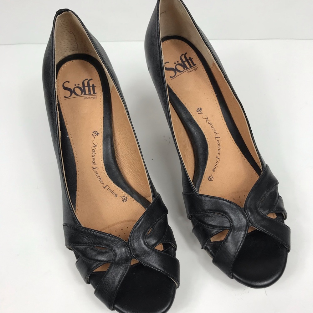 Sofft Mabel Black Leather Platform Peep Toe Heels